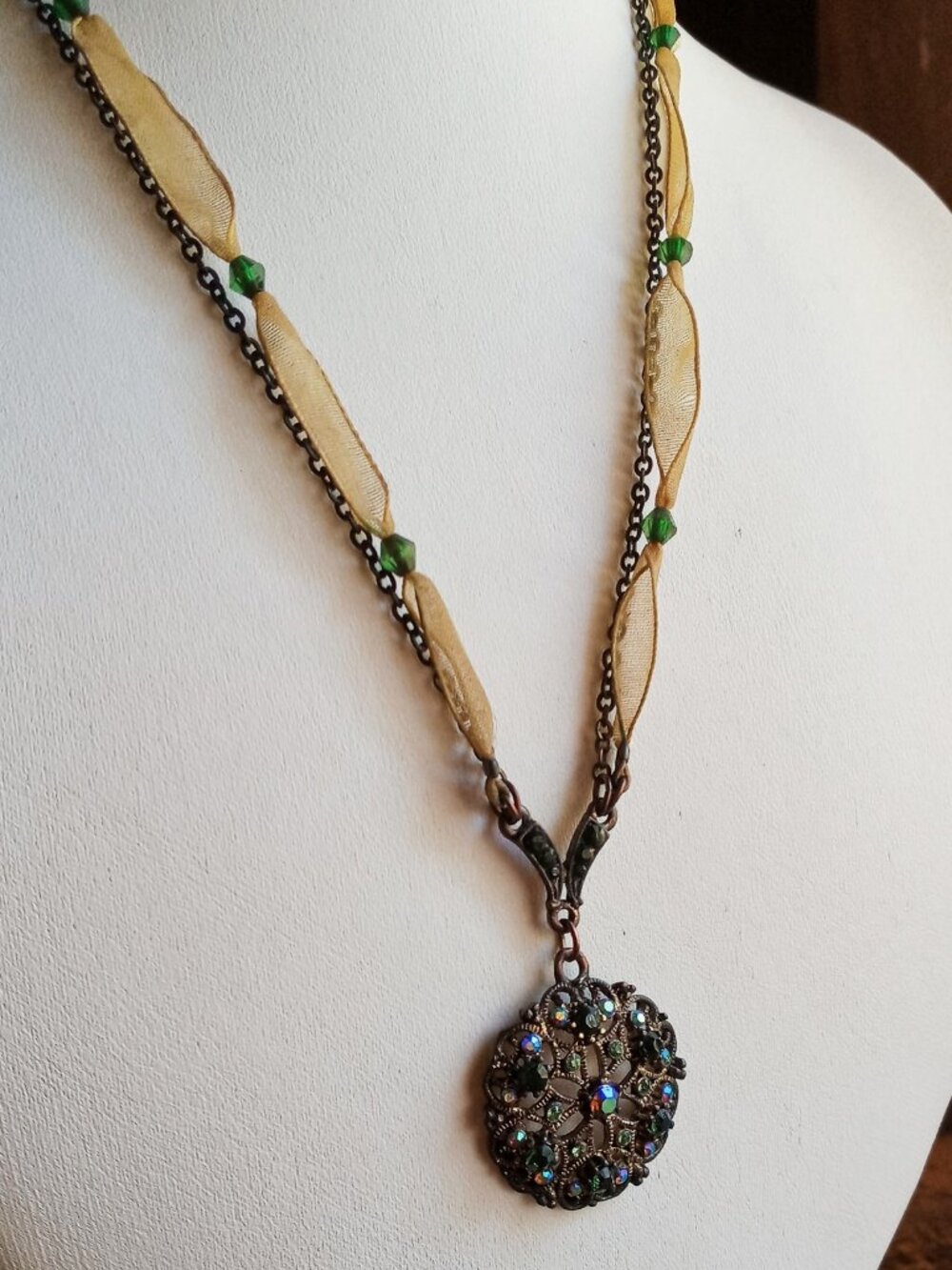 Vintage Filigree-style Pendant Necklace w/Multi-colored Crystal Rhinestones - Picture 13 of 16